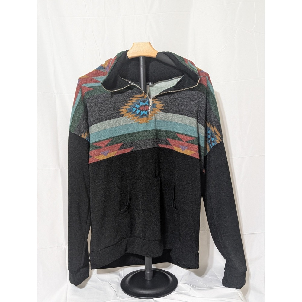 Glitzy Girl Southwestern Quarter Zip Hoodie Geometric Print Black Womens XL